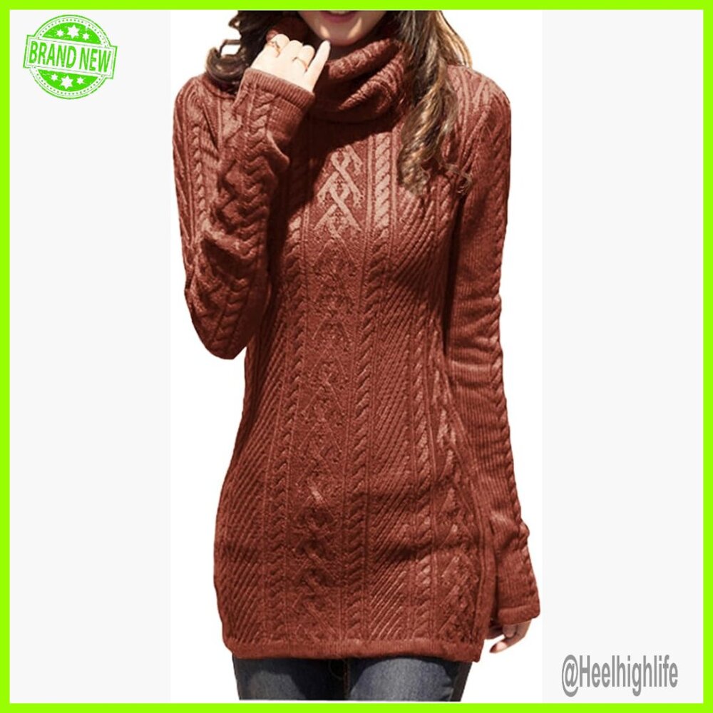 Long Slim Turtleneck Cable Knit Sweater Dress Bodycon Pullover